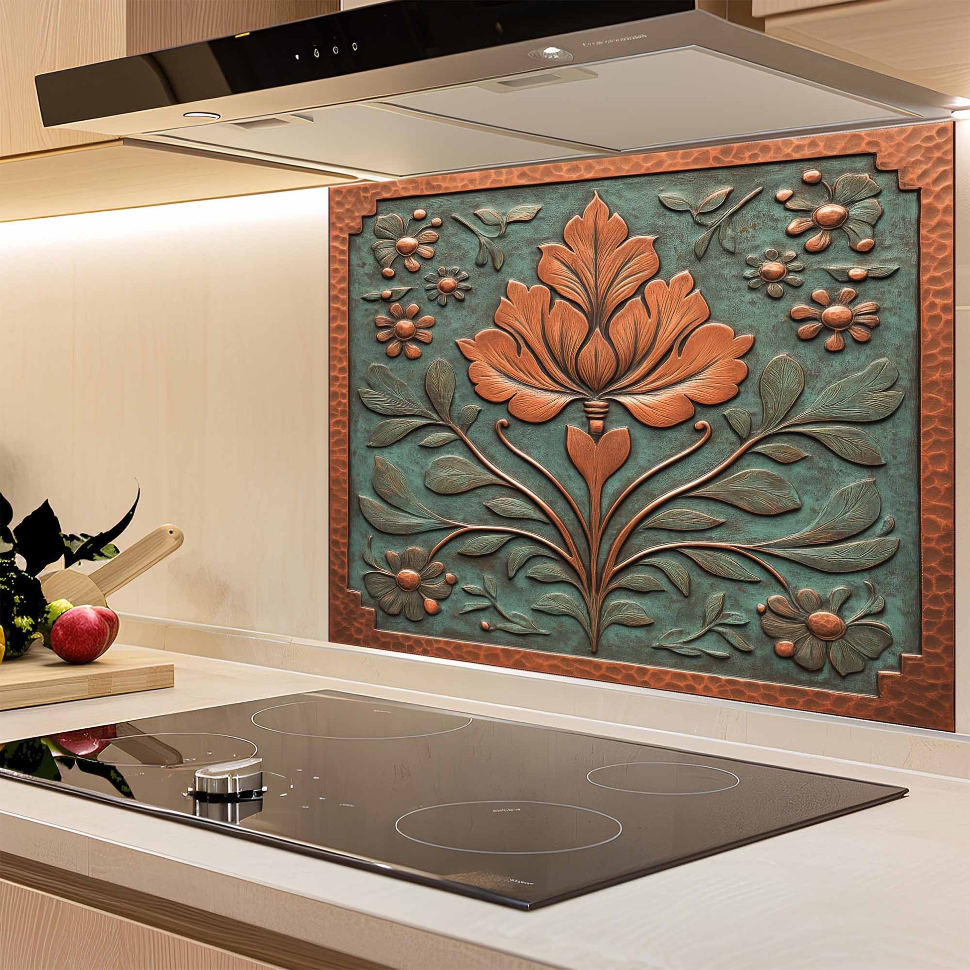 Decorative floral backsplash above a stove in a kitchen