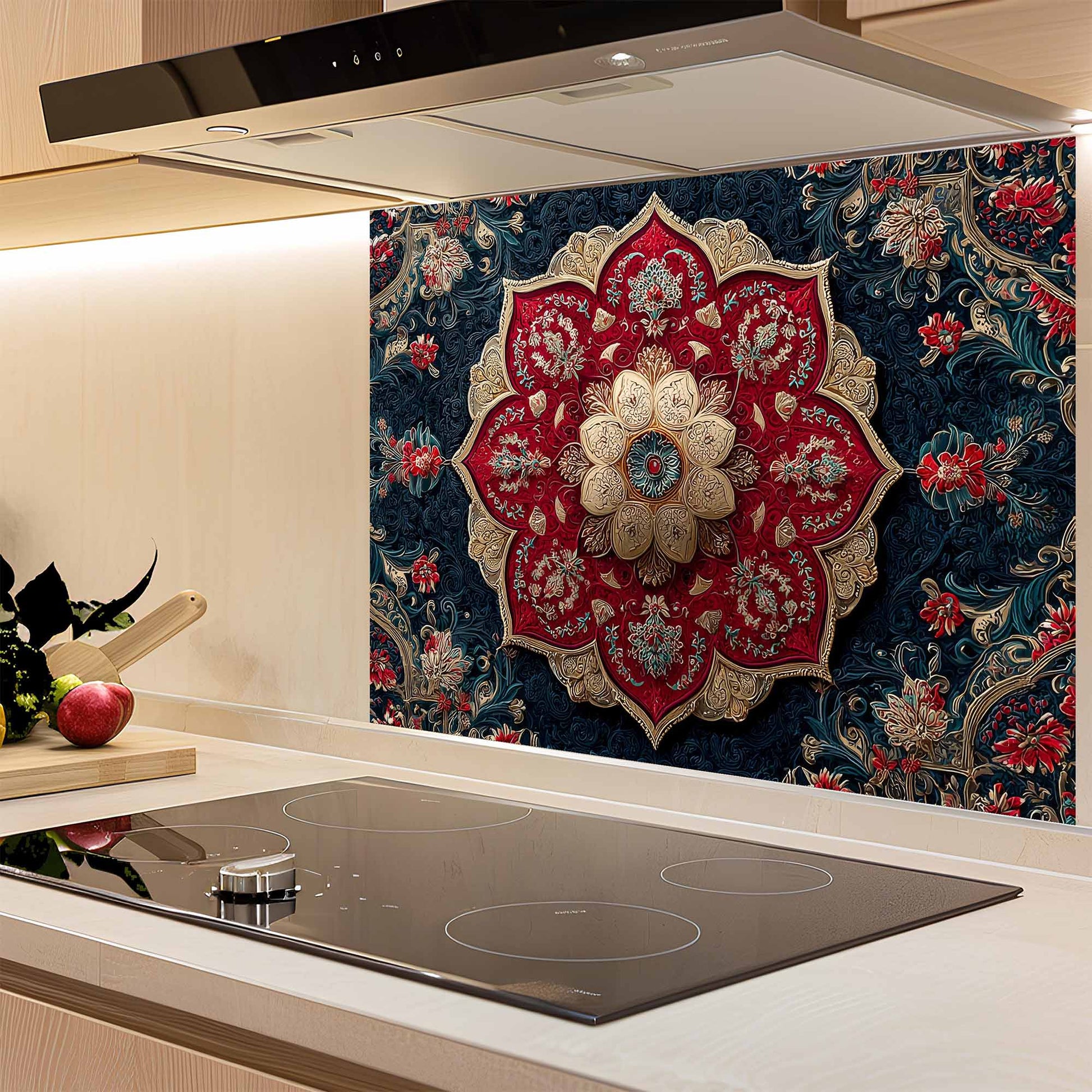 Decorative kitchen glass backsplash with floral pattern above a stove