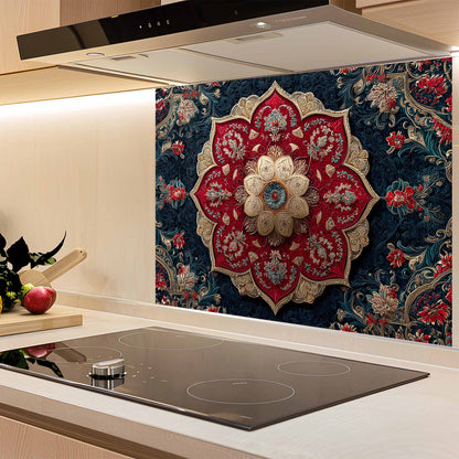 Decorative kitchen glass backsplash with floral pattern above a stove