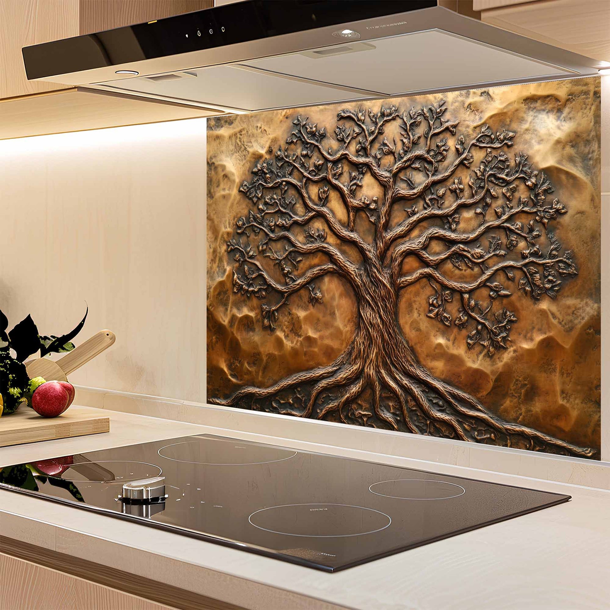 Kitchen with a decorative glass splashback featuring an embossed tree design.