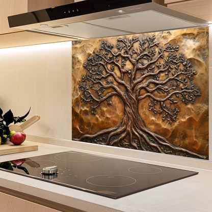 Kitchen with a decorative glass splashback featuring an embossed tree design.