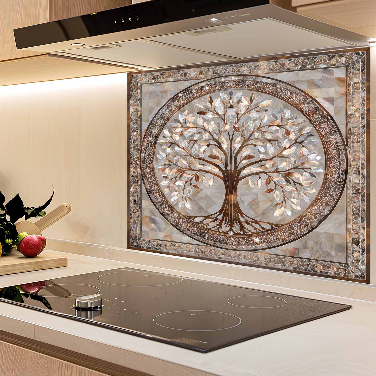 Decorative glass backsplash with a tree design above a kitchen stove.