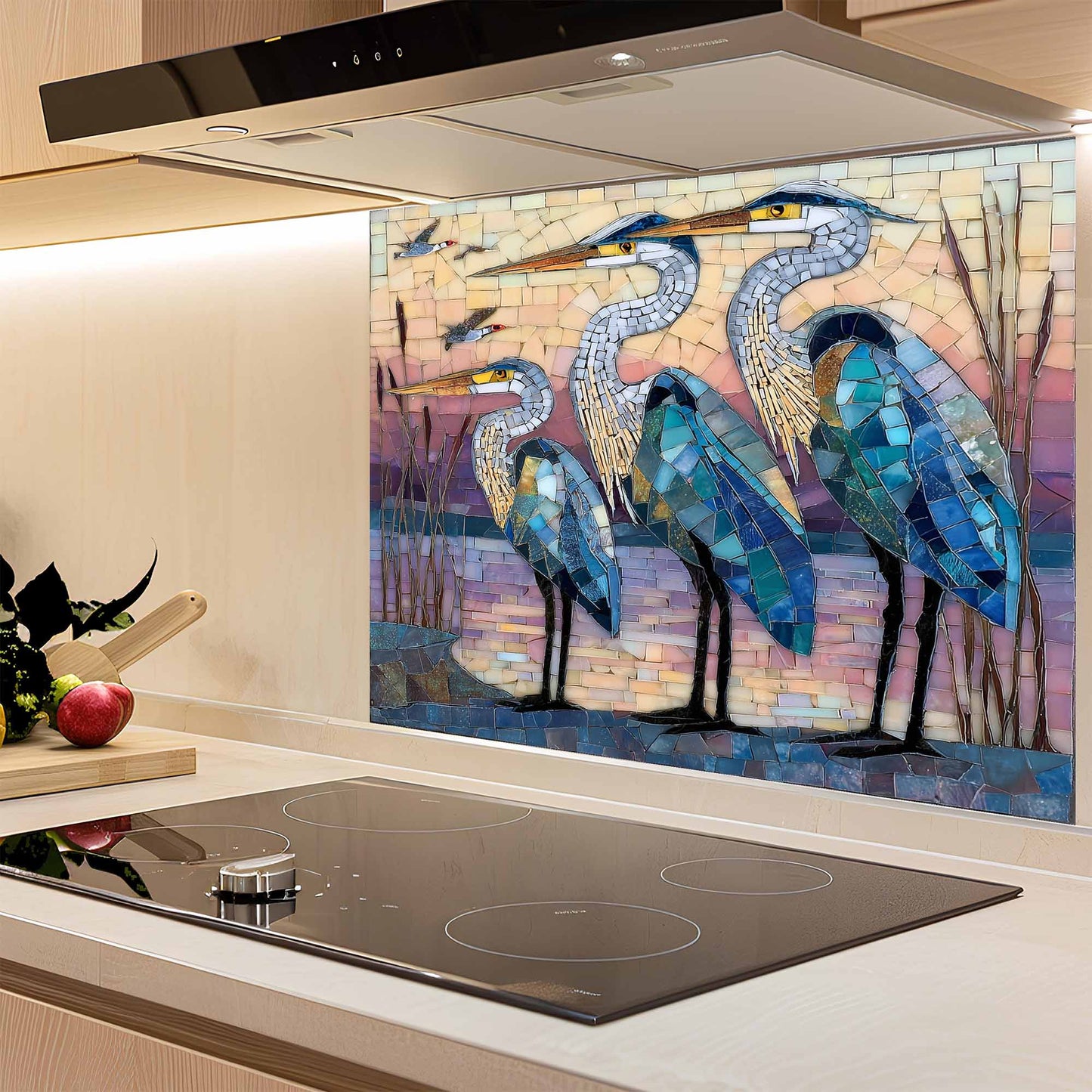 Kitchen with a decorative glass splashback featuring herons