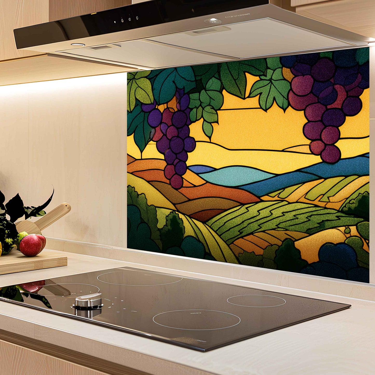 Kitchen with a colorful glass splashback featuring grapes and a landscape.