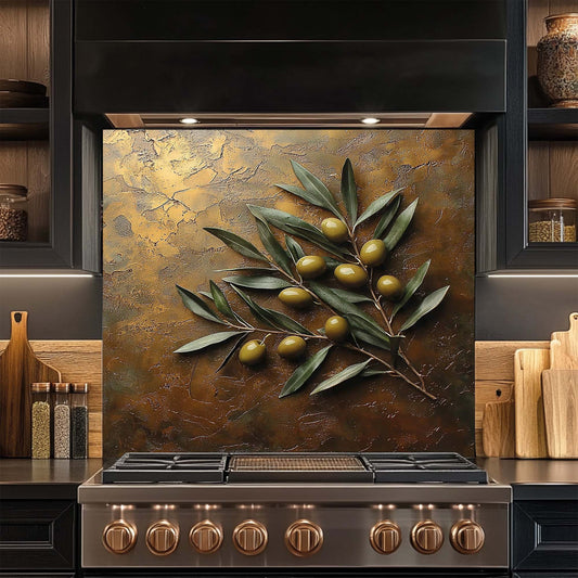 Stainless steel stove with decorative glass backsplash featuring olive branch and olives in a kitchen setting.