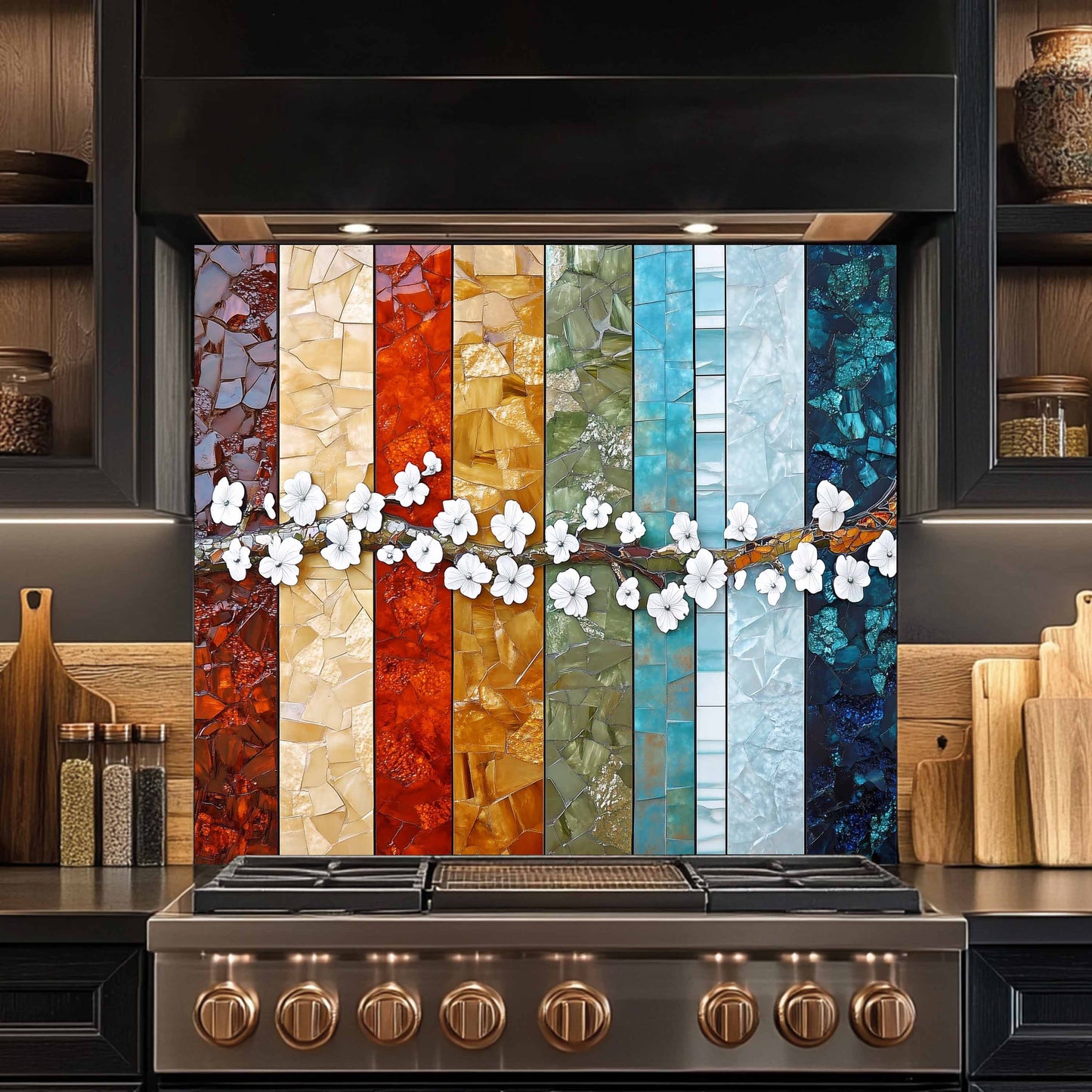 Kitchen stove with a colorful mosaic backsplash and wooden cabinets.
