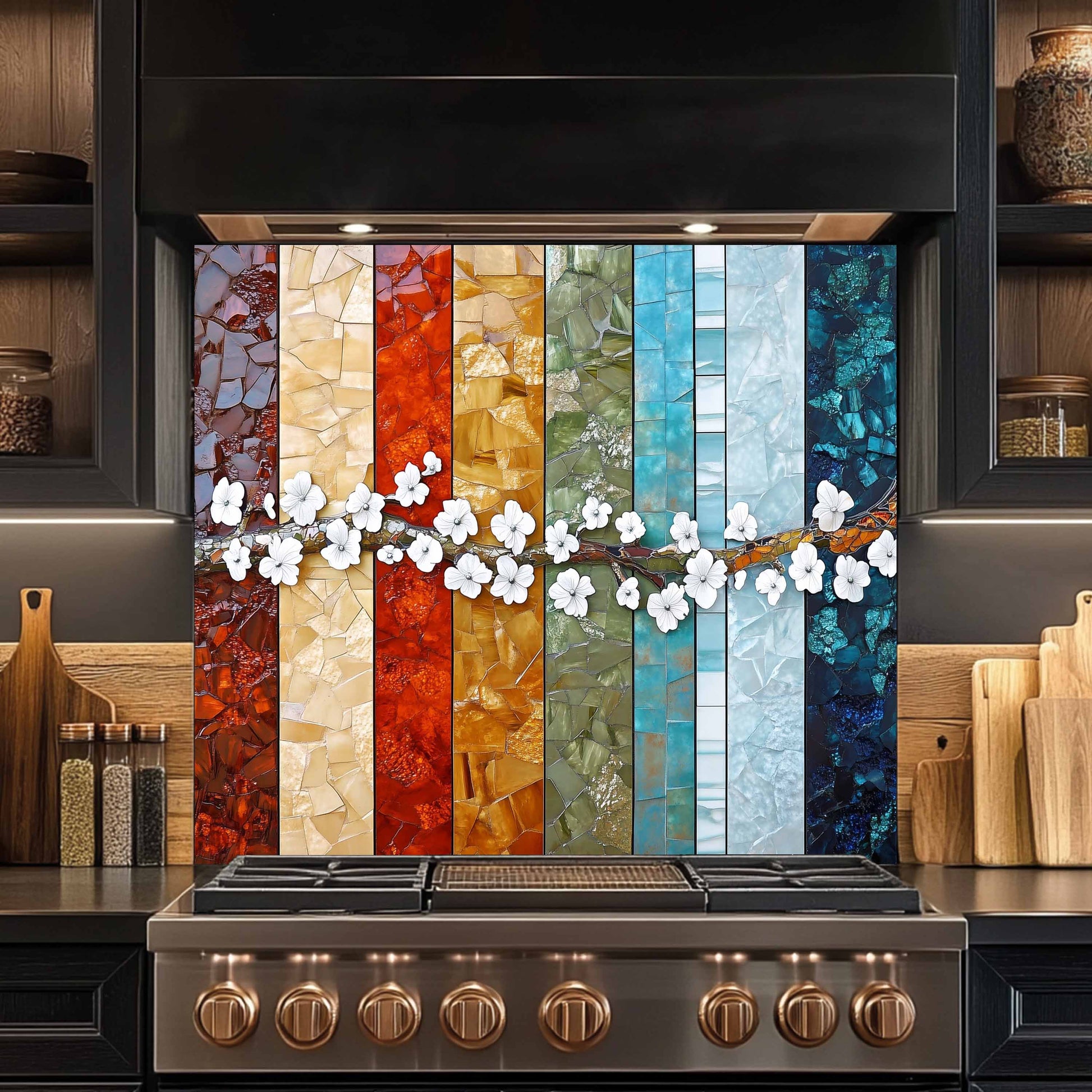 Kitchen stove with a colorful mosaic backsplash and wooden cabinets.