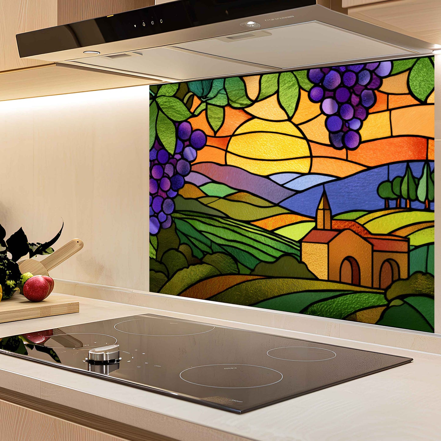 Colorful stained glass-style kitchen backsplash with a sunset and landscape design.
