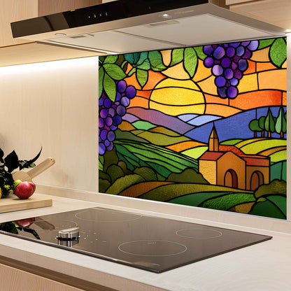Colorful stained glass-style kitchen backsplash with a sunset and landscape design.