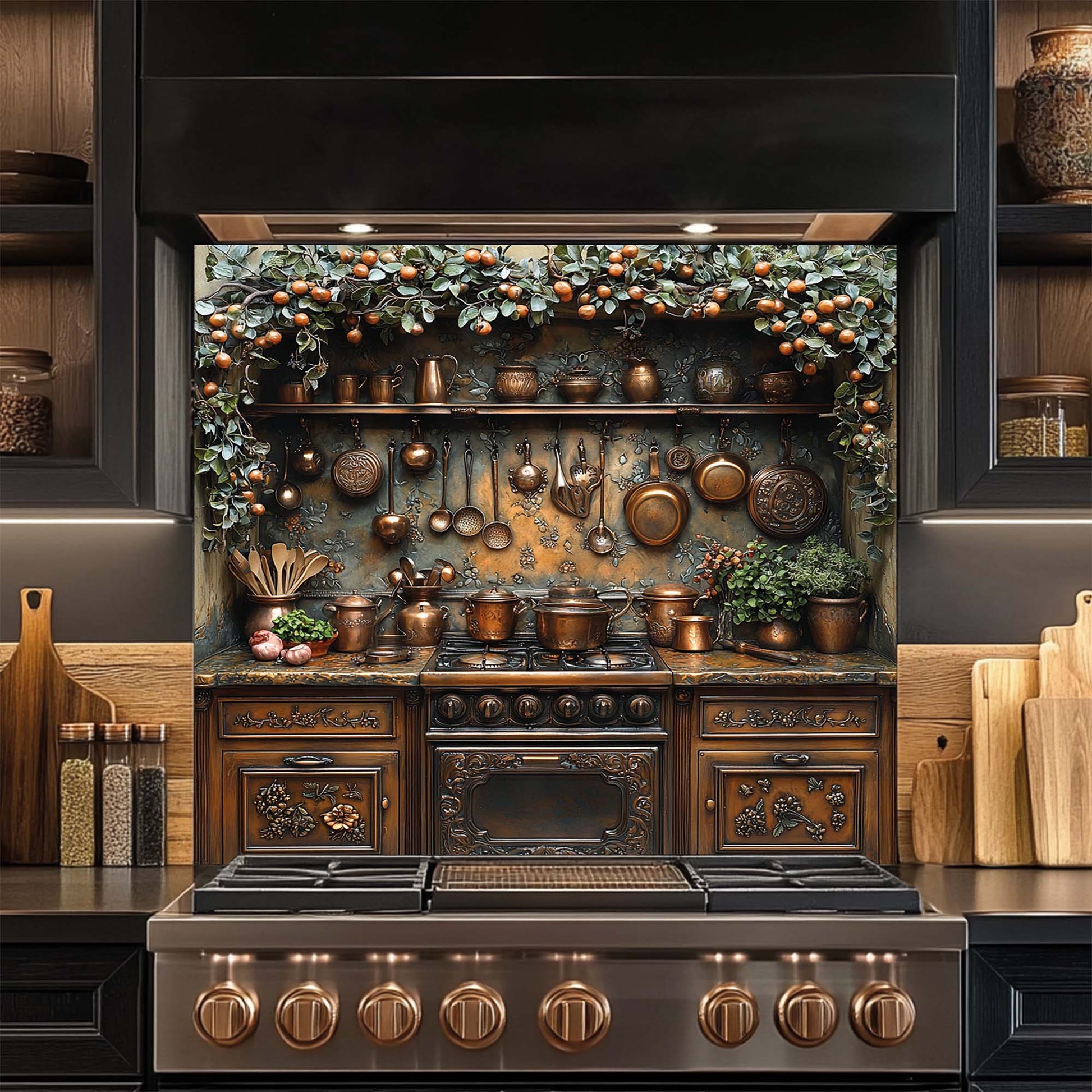 Tempered glass backsplash with copper kitchen cookware, herbs, and orange garland – rustic stove panel design