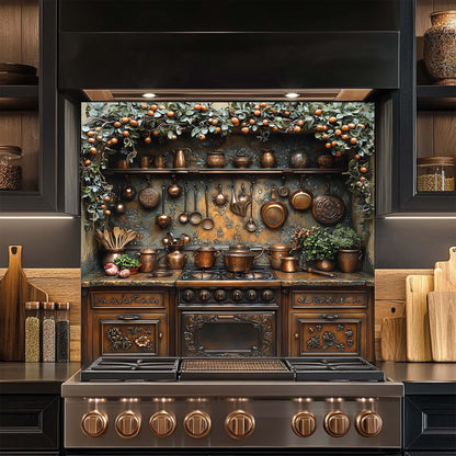 Tempered glass backsplash with copper kitchen cookware, herbs, and orange garland – rustic stove panel design