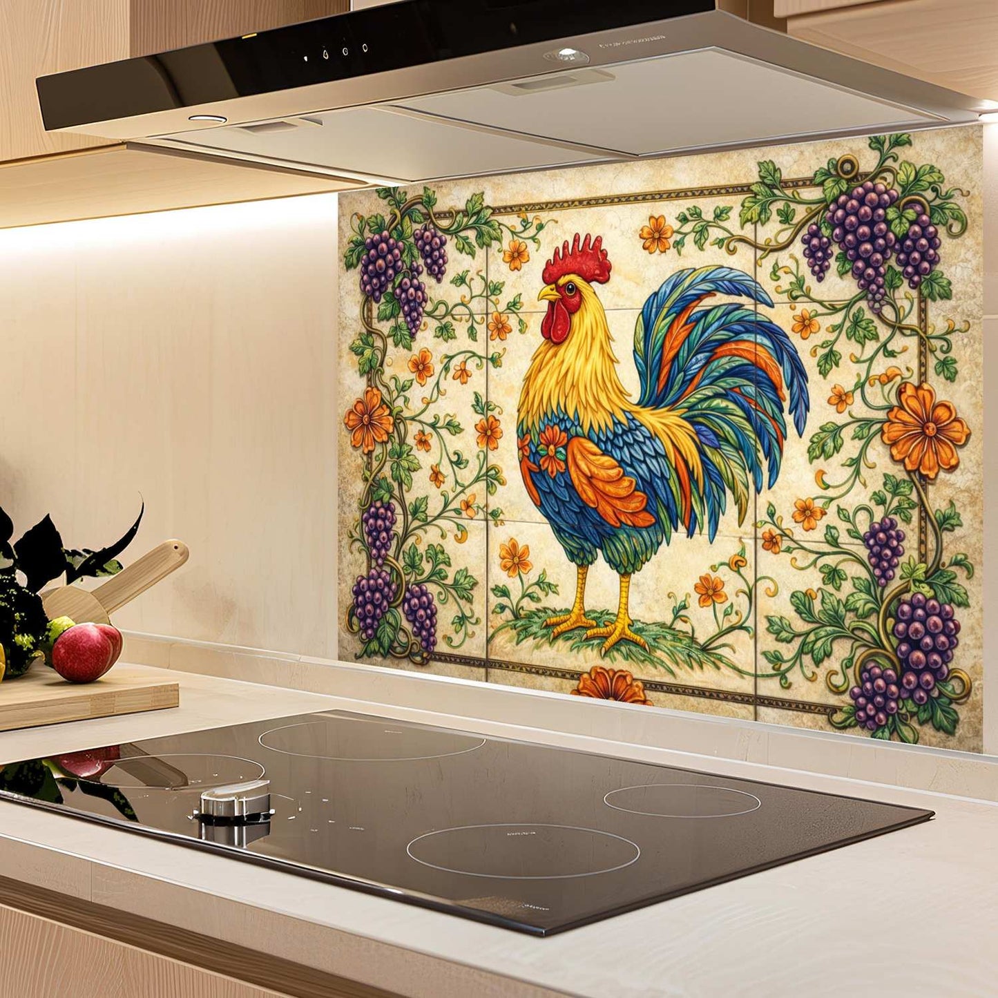 Kitchen with decorative backsplash featuring a rooster and floral design.