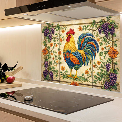 Kitchen with decorative backsplash featuring a rooster and floral design.