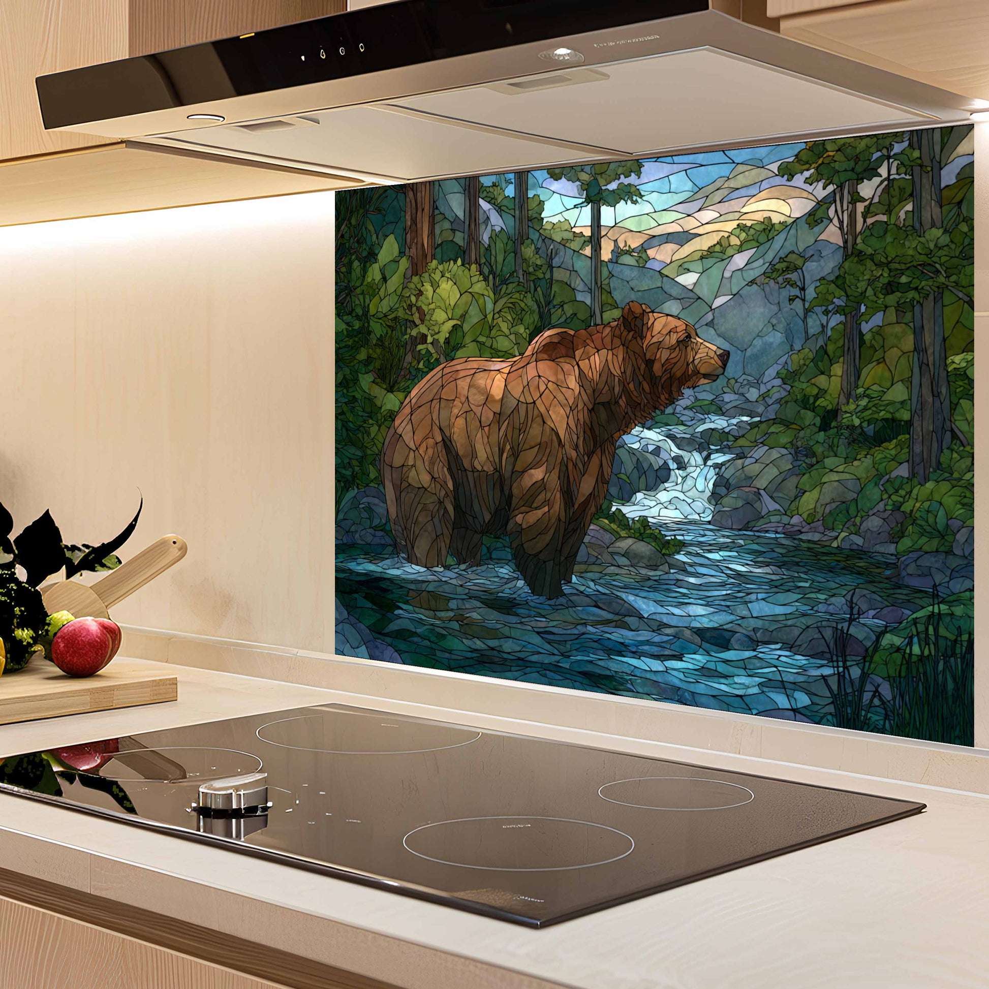 Kitchen with a decorative glass splashback featuring a bear and nature scene.