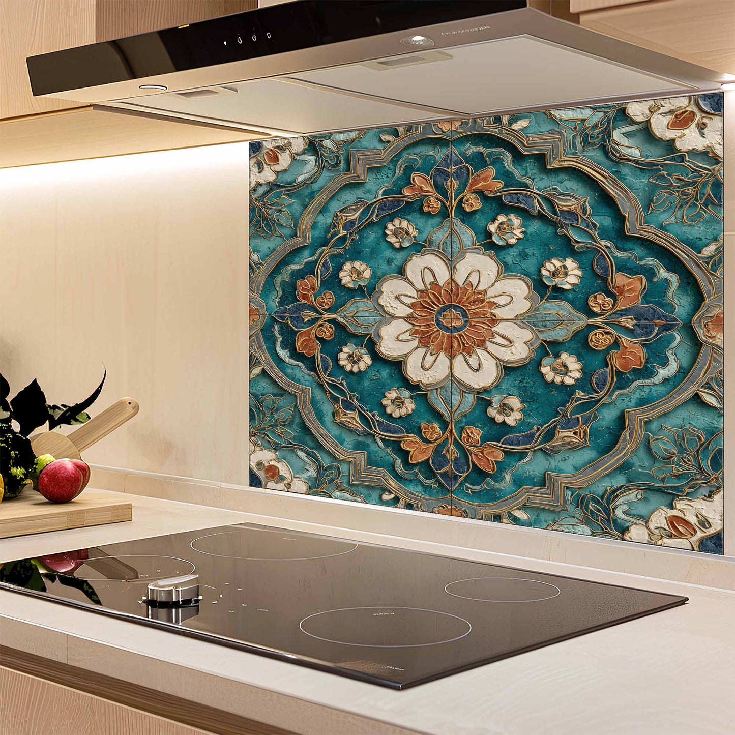 Decorative kitchen splashback with floral pattern above a stove