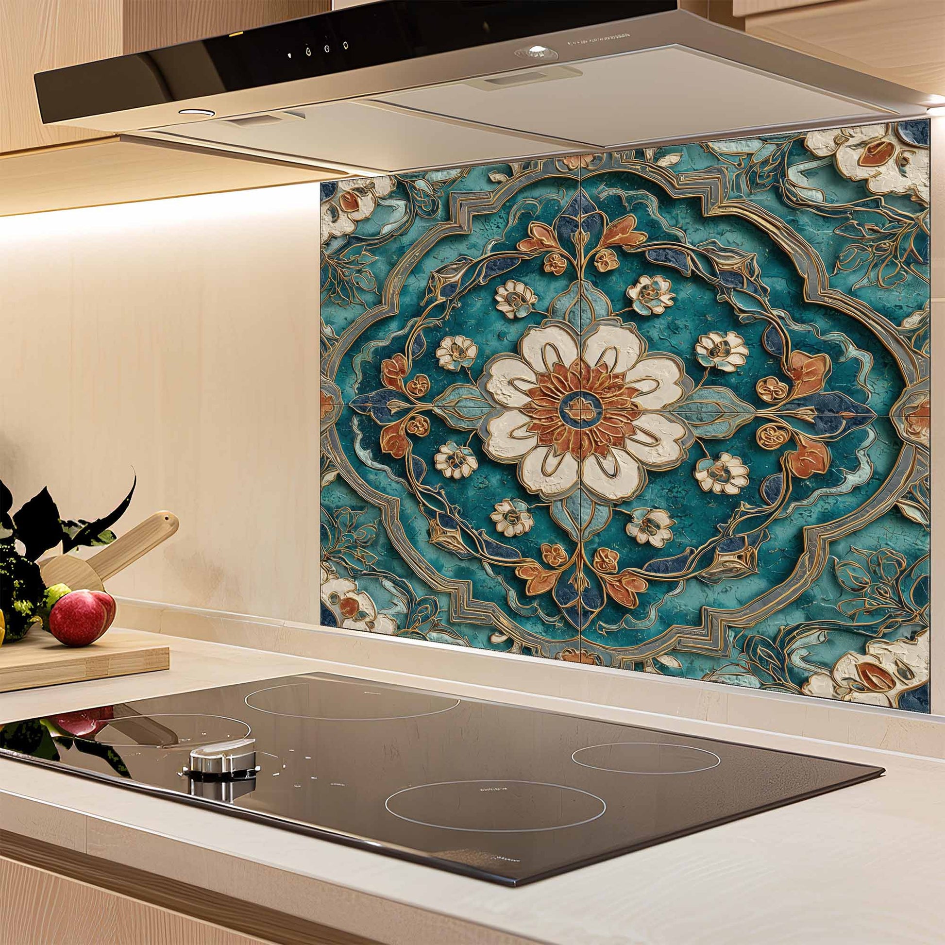 Decorative kitchen splashback with floral pattern above a stove
