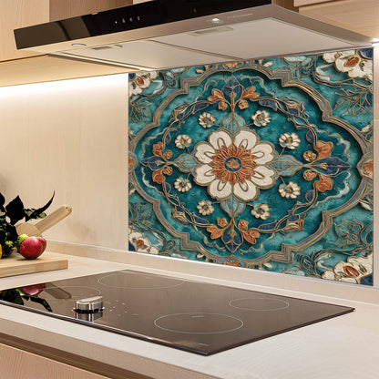 Decorative kitchen splashback with floral pattern above a stove