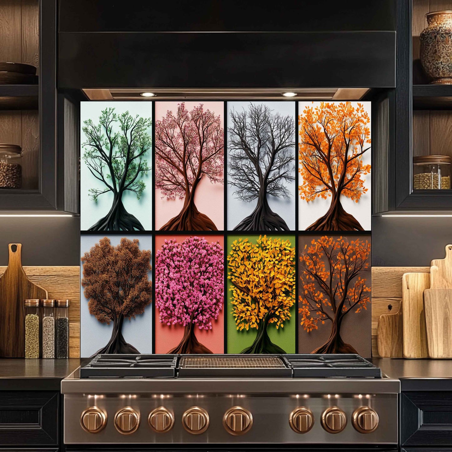 Stainless steel stove with decorative glass panel featuring trees in different seasons
