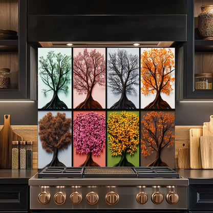 Stainless steel stove with decorative glass panel featuring trees in different seasons