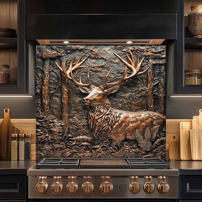 Stainless steel stove with decorative glass backsplash panel featuring a deer in a forest design.