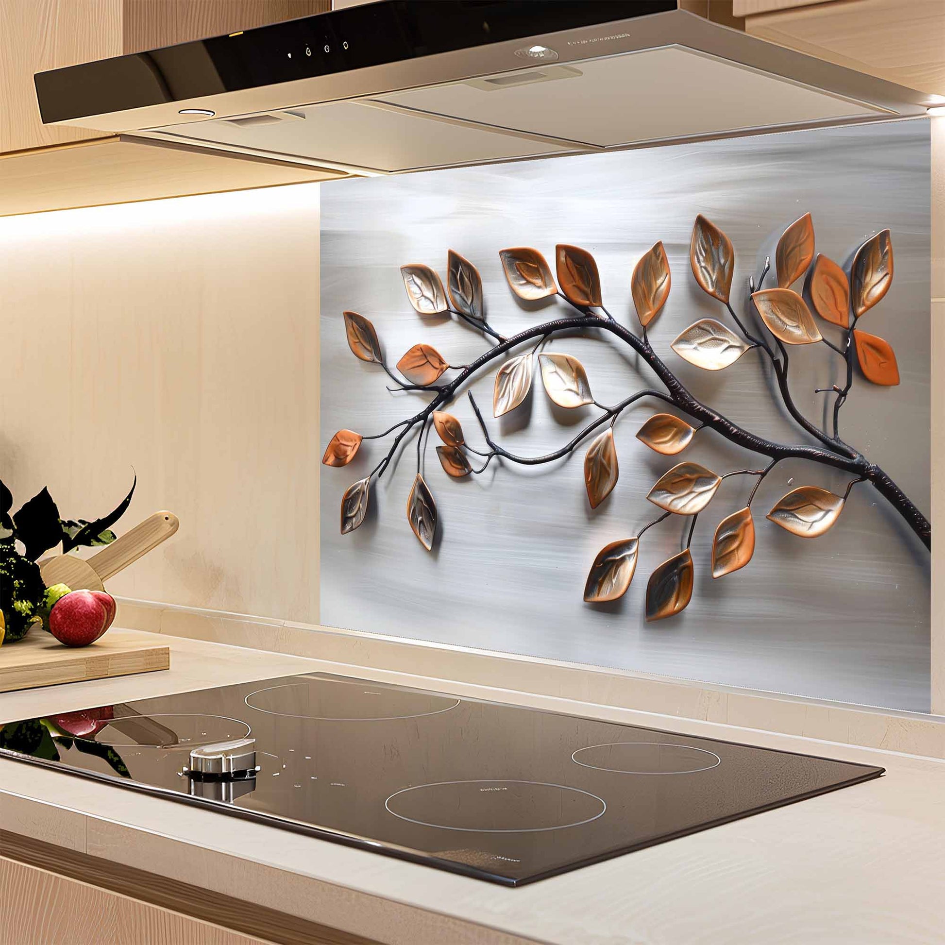 Decorative glass splashback with leaf design in a kitchen