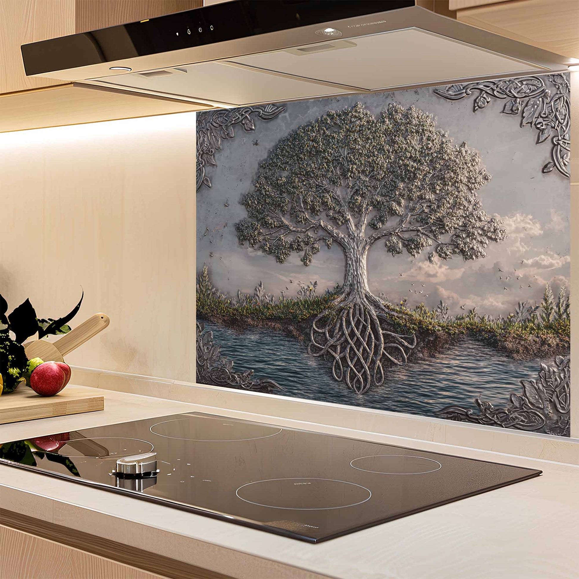 Kitchen with a decorative glass splashback featuring a tree design.