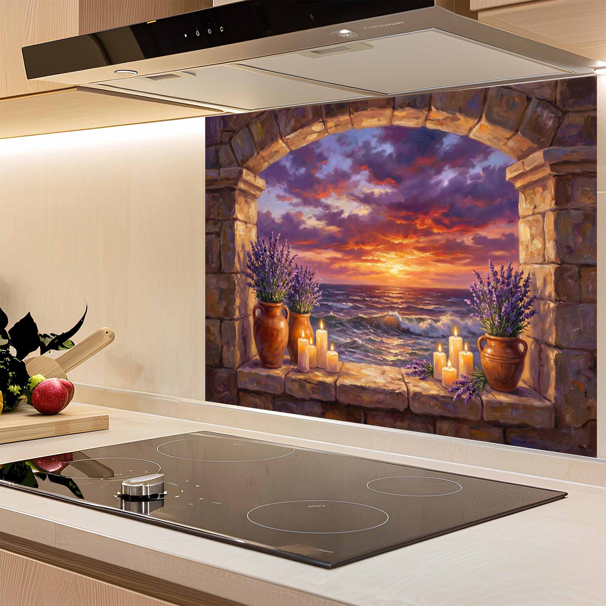 Kitchen backsplash with a scenic design of a sunset over water and lavender plants.