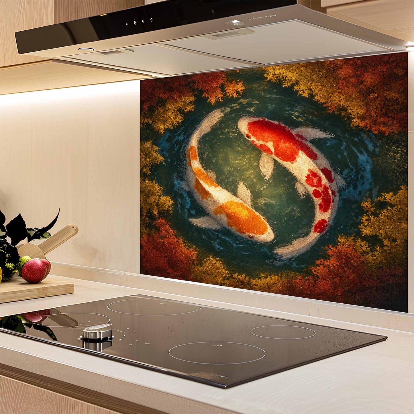 Kitchen with a decorative glass splashback featuring Koi fish.