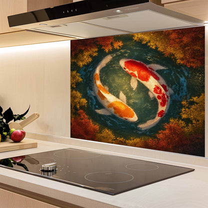 Kitchen with a decorative glass splashback featuring Koi fish.