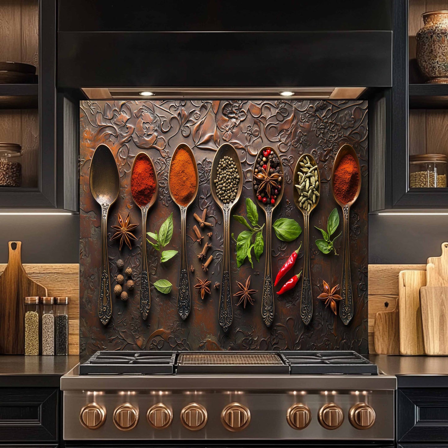 Decorative backsplash with spoons containing spices and herbs in a kitchen setting