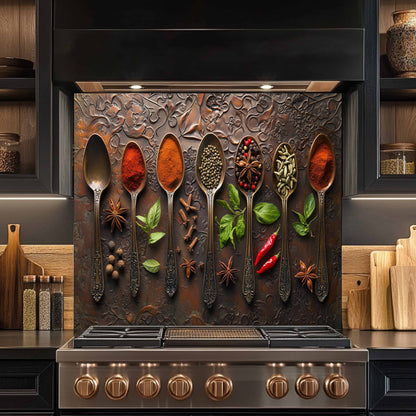 Decorative backsplash with spoons containing spices and herbs in a kitchen setting