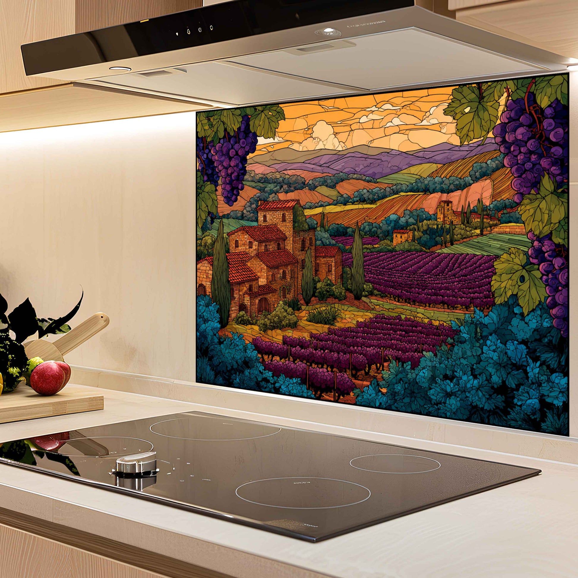 Kitchen backsplash with a colorful mural of a vineyard scene.