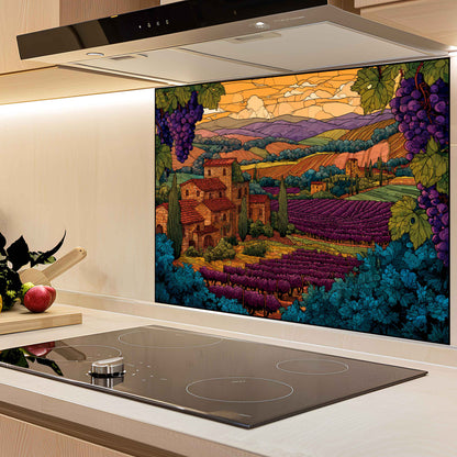 Kitchen backsplash with a colorful mural of a vineyard scene.