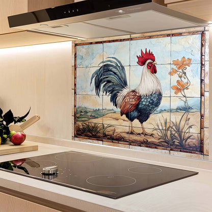 Kitchen with decorative glass backsplash featuring a rooster design on the wall.