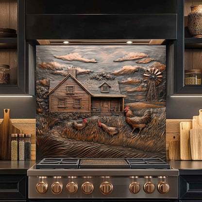 Decorative backsplash with a farm scene featuring a house, windmill, and chickens in a kitchen setting.