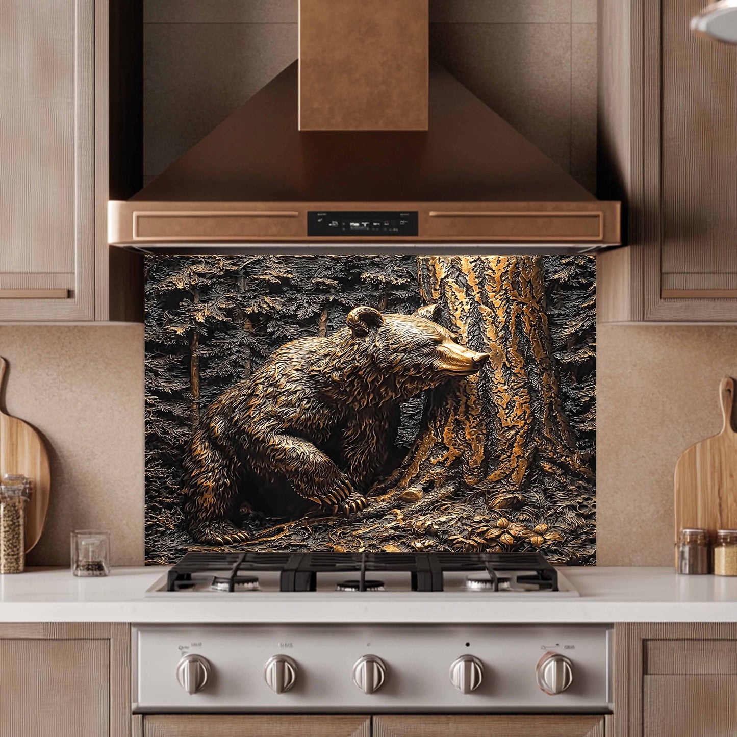 Kitchen with a decorative bear mural on a stove backsplash