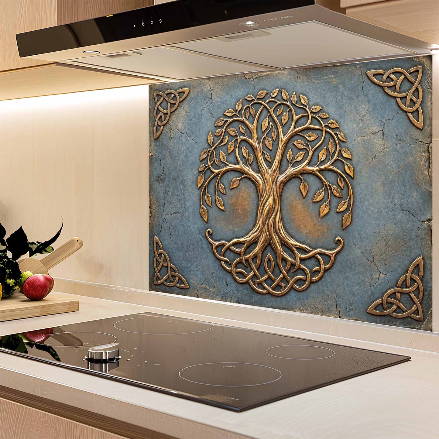 Decorative kitchen backsplash with tree of life design and Celtic knots.