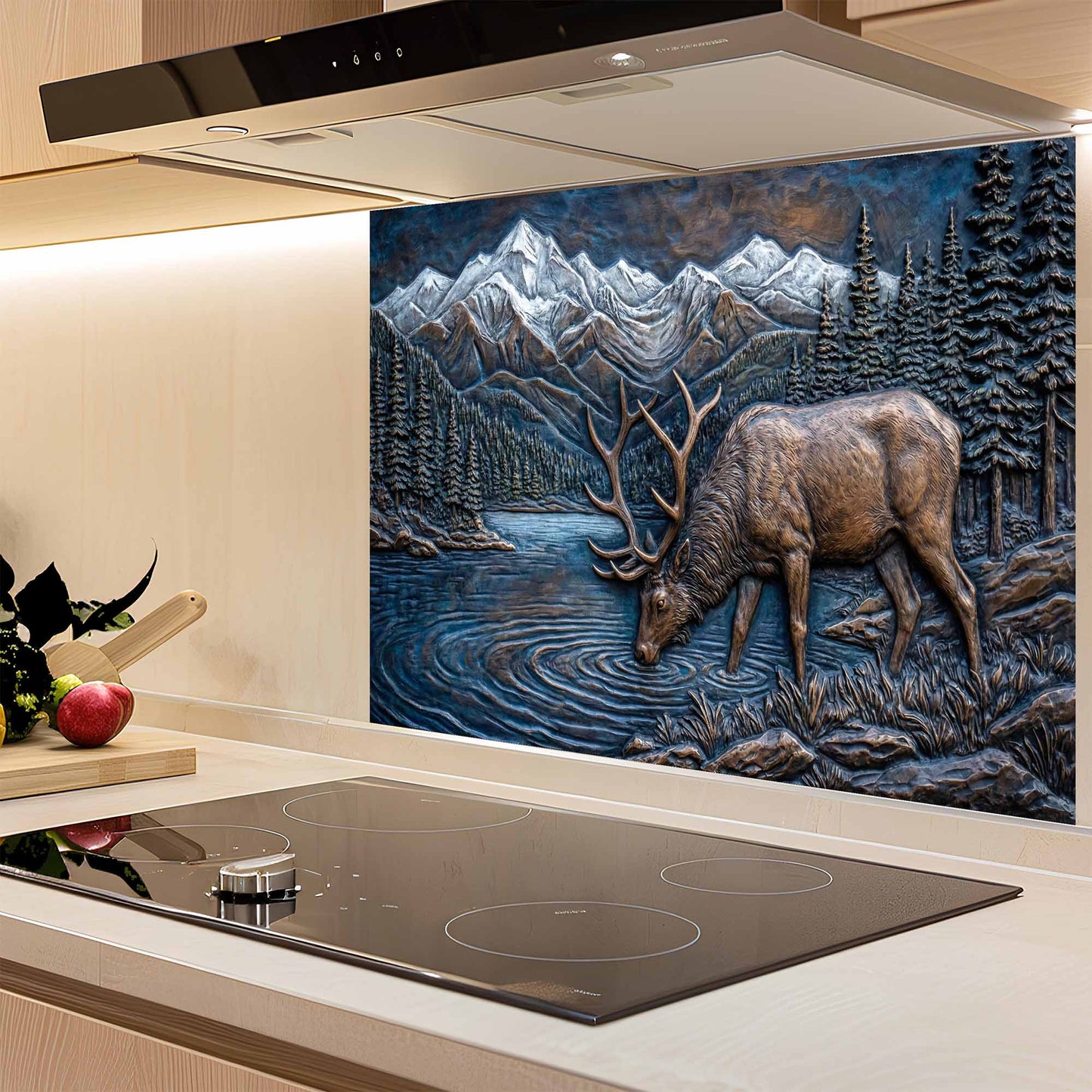 Kitchen with a decorative glass splashback featuring a deer and mountain scene.