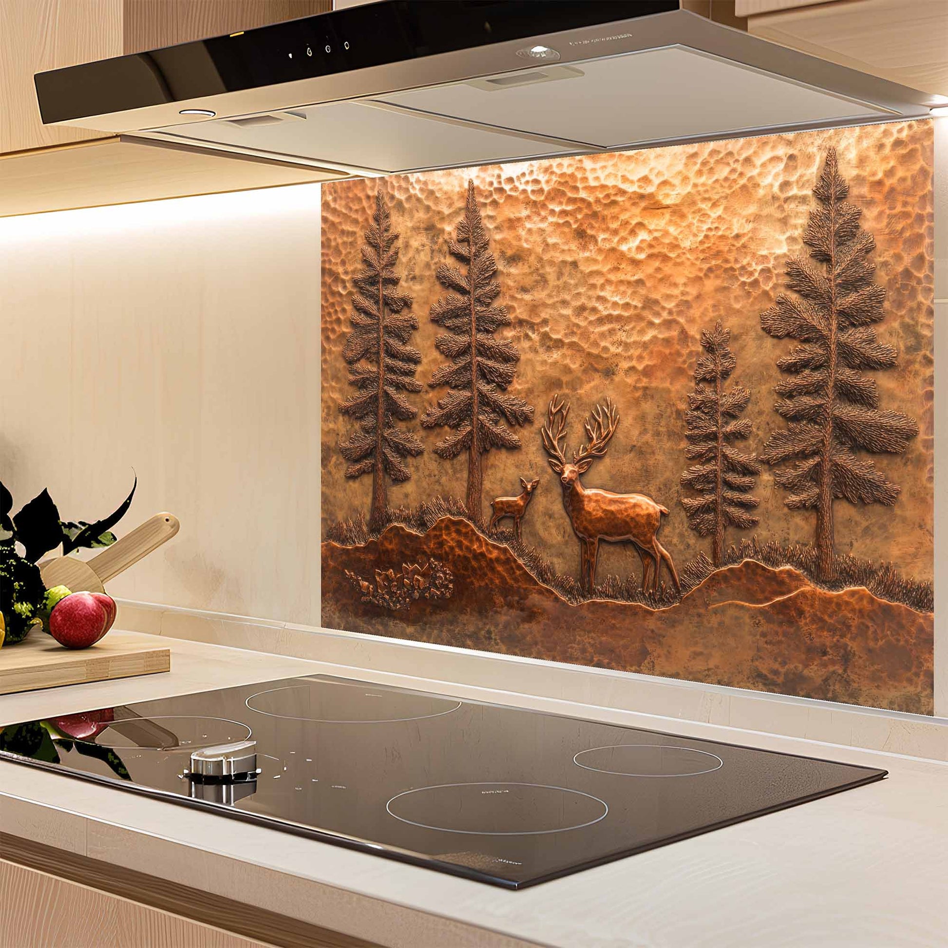 Kitchen with a decorative glass splashback featuring a deer and forest design.