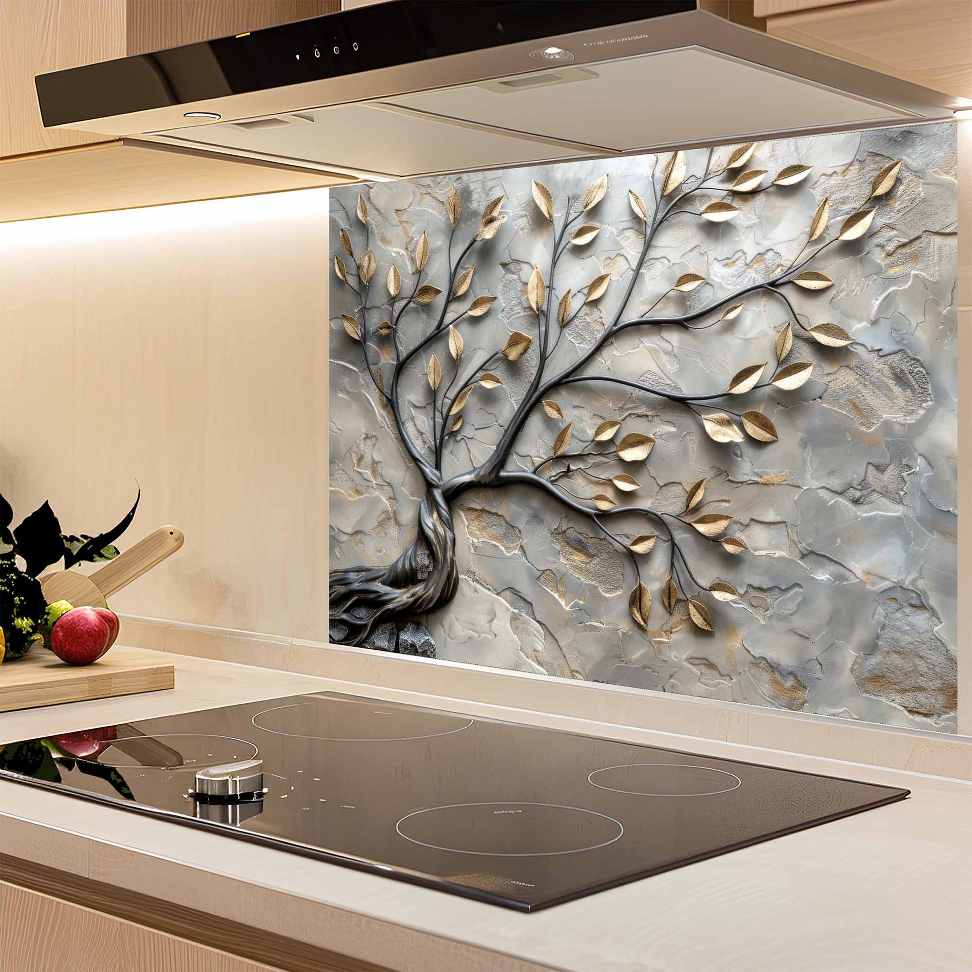Kitchen with a decorative glass splashback featuring a tree design.