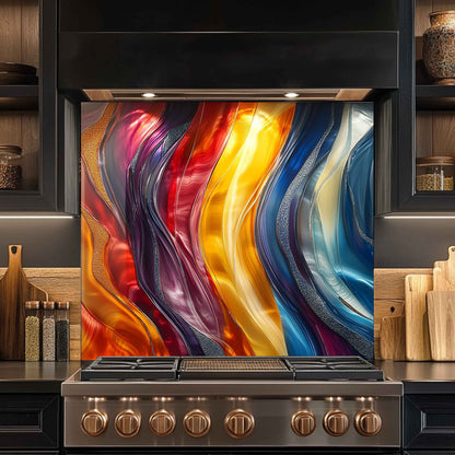 Colorful abstract glass splashback behind a kitchen stove with wooden shelves in the background.