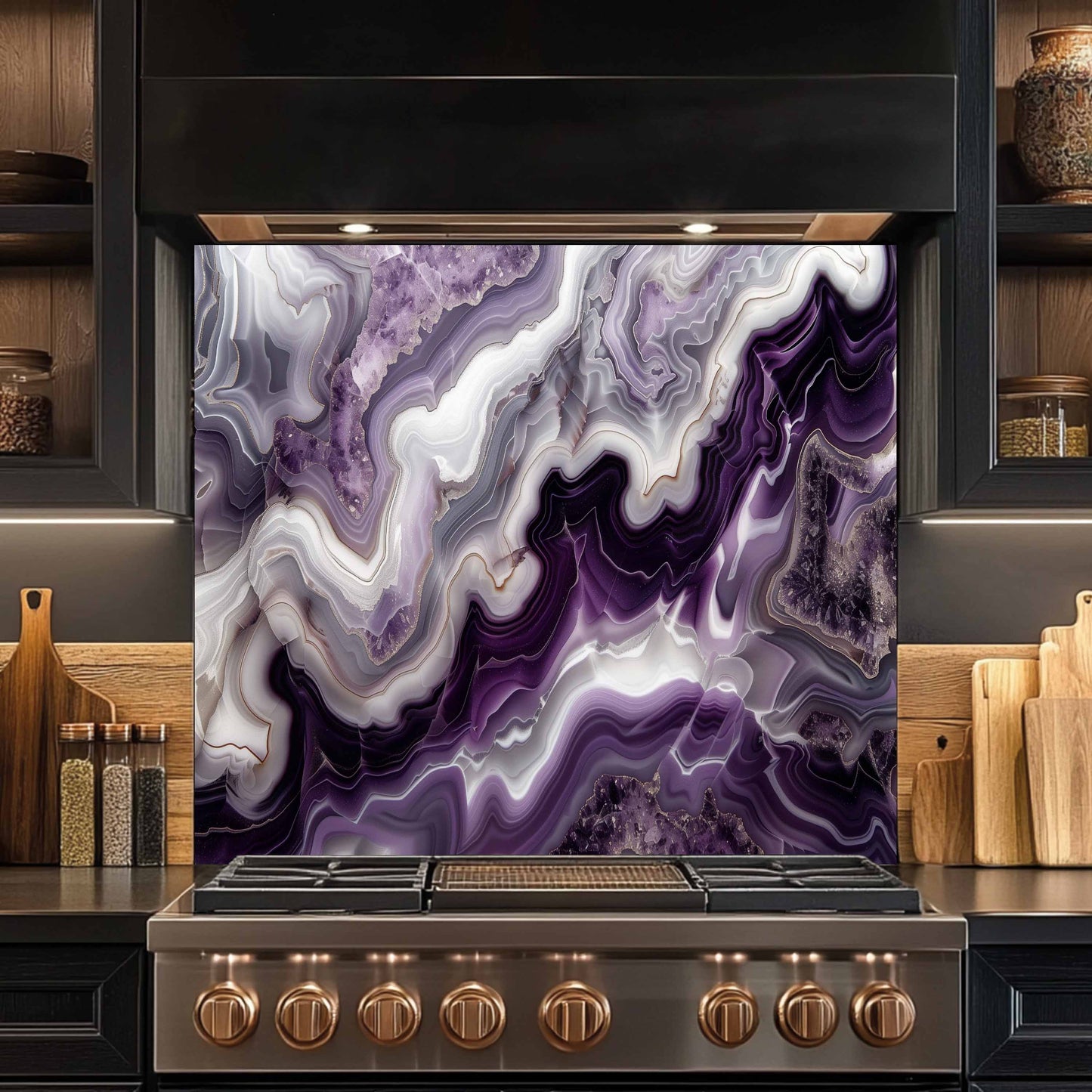 Stainless steel stove with a purple and white marbled backsplash in a kitchen setting.