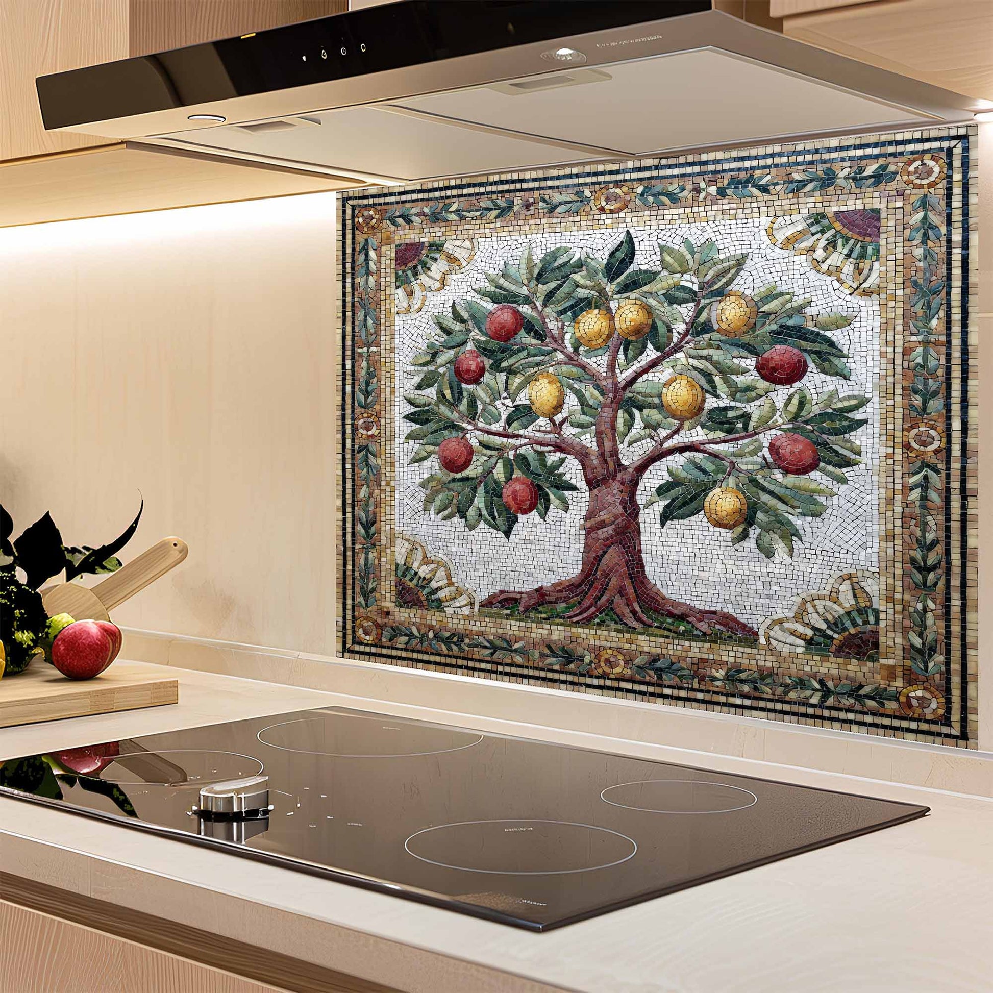 Kitchen with a decorative mosaic of a tree glass backsplash above a stove.