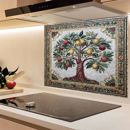 Kitchen with a decorative mosaic of a tree glass backsplash above a stove.