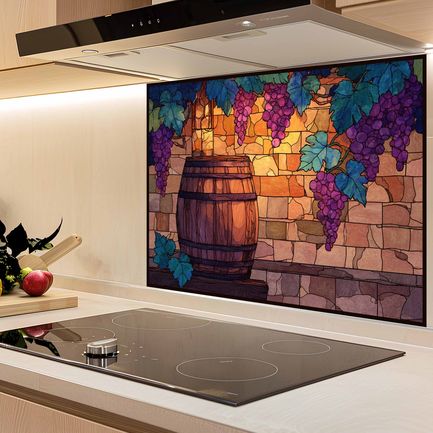 Kitchen with a decorative backsplash featuring grapes and a barrel