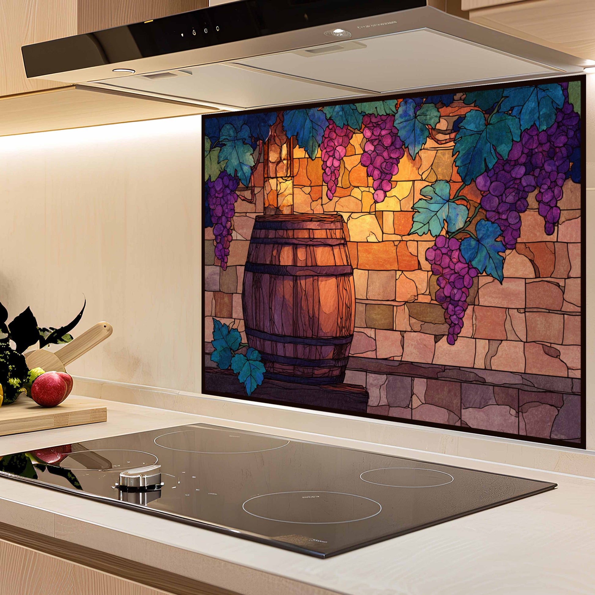 Kitchen with a decorative backsplash featuring grapes and a barrel