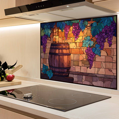 Kitchen with a decorative backsplash featuring grapes and a barrel