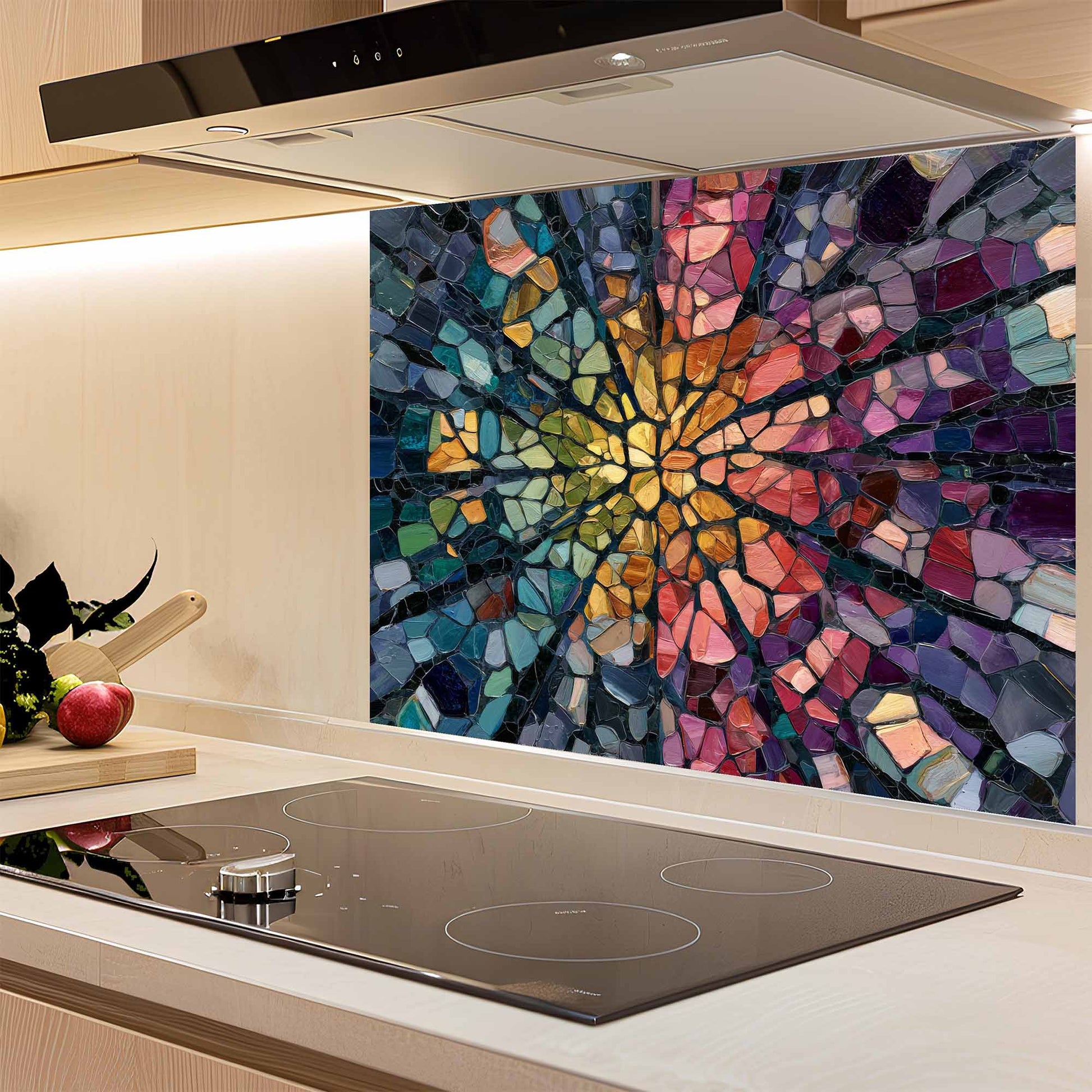 Colorful mosaic glass splashback behind a kitchen stove