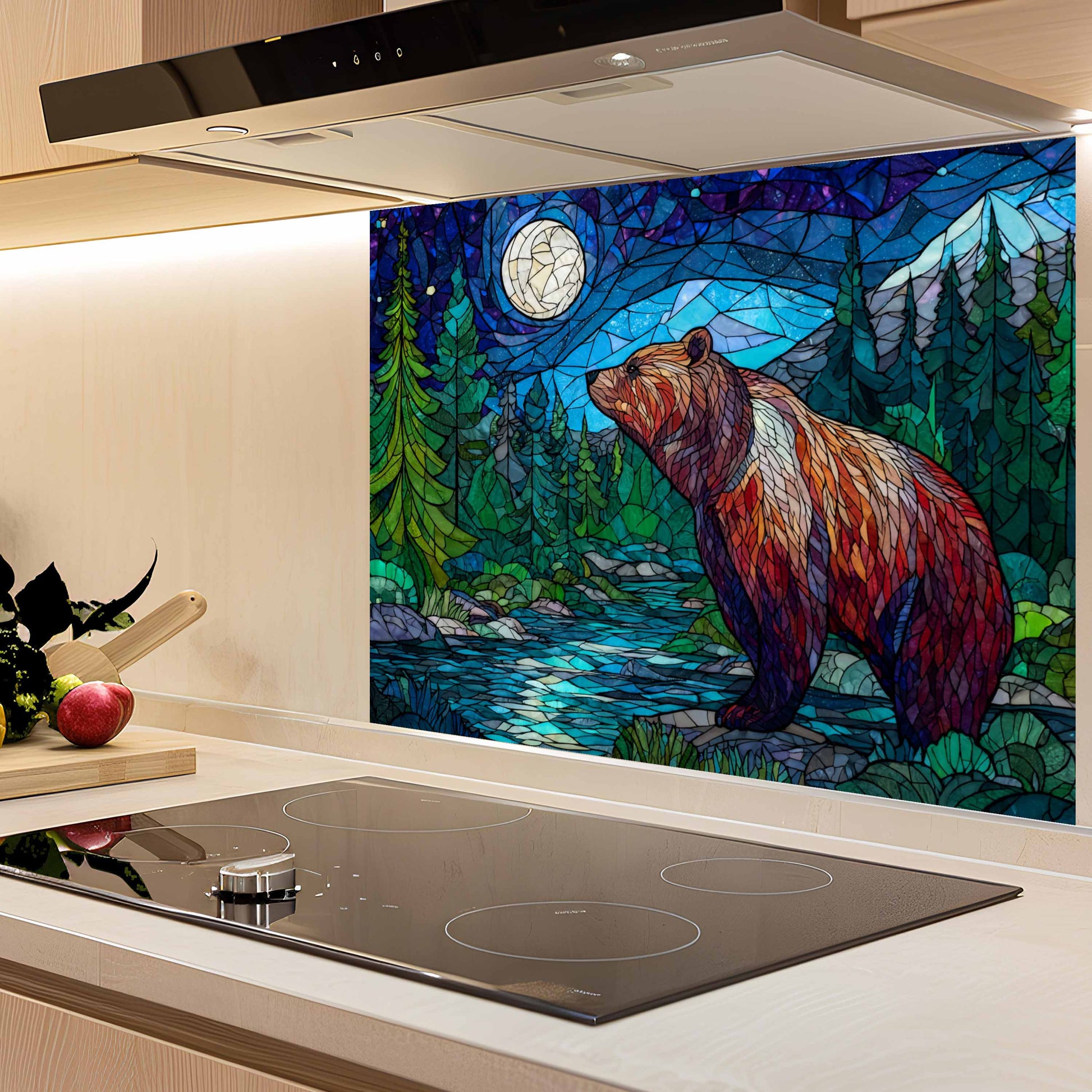 Kitchen with a bear and nature-themed backsplash