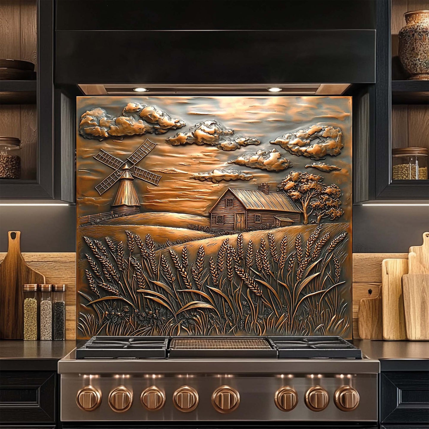 Rustic tempered glass backsplash with farmhouse, windmill, and wheat field in copper tones